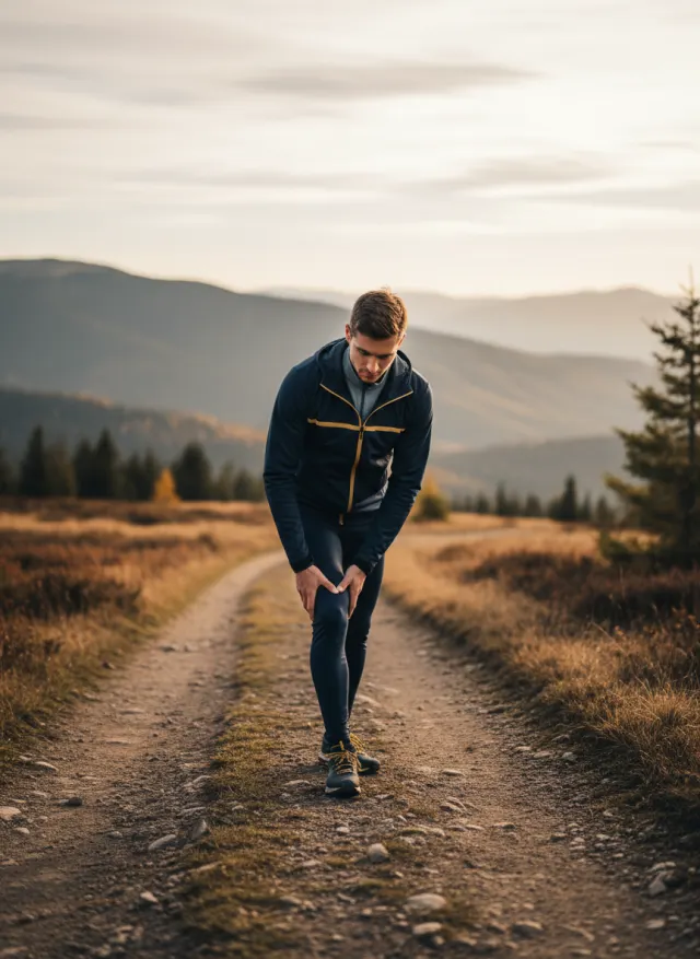Runner stopping on a trail to hold his knee in pain